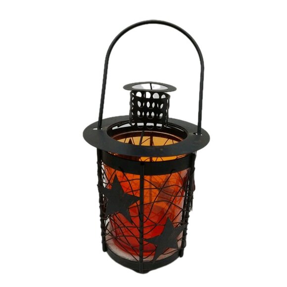 Lantern Shape Metal and Glass Candle Holder 5" Black Orange Stars - Picture 1 of 10